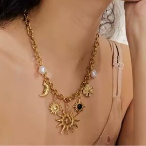 Gold Celestial Sun Moon Natural Stone Necklace, 16.5–18.9 Inch